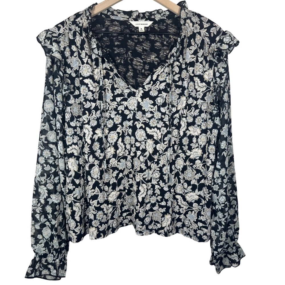Lucky Brand XL Floral Blouse Ruffles Boho Cotton Modal Balloon Long Sleeve